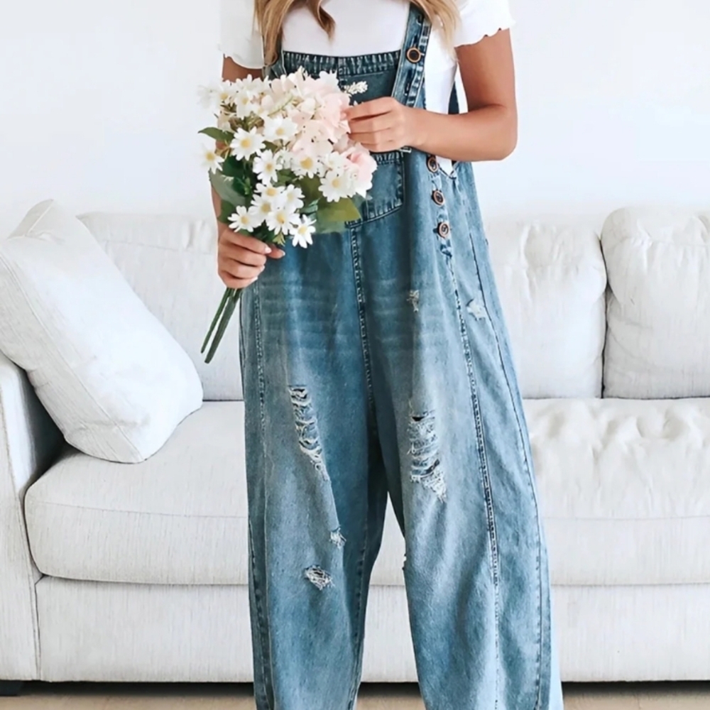 Slouchy Distressed Denim Overalls Super Soft & Comfy - Picture 2 of 9